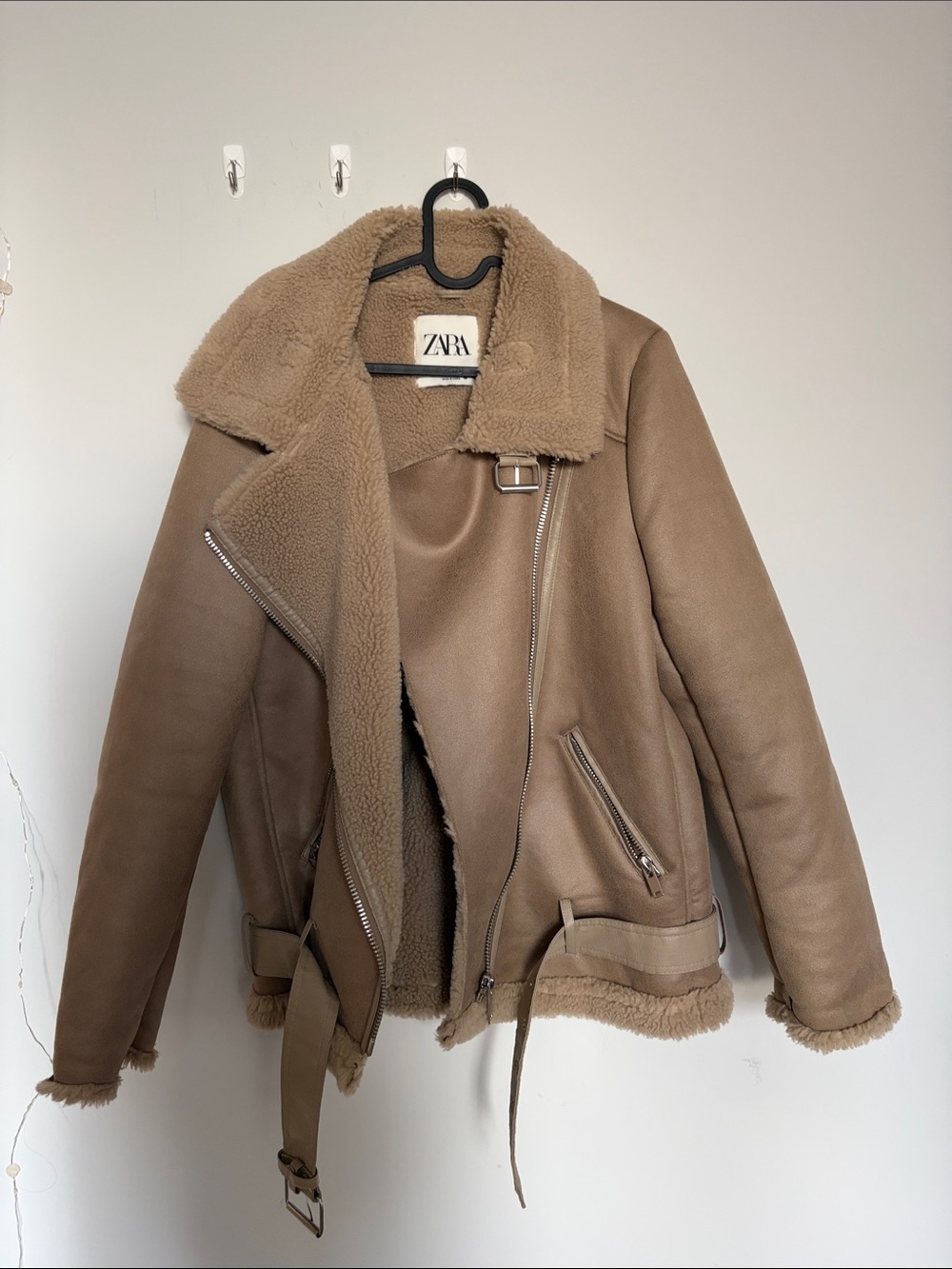 ZARA Camel Shearling-Lined Moto Jacket